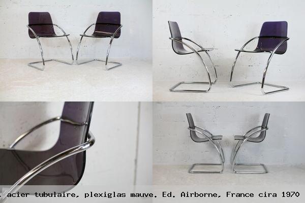 Paire chaises yves christin acier tubulaire plexiglas mauve ed airborne france cira 1970