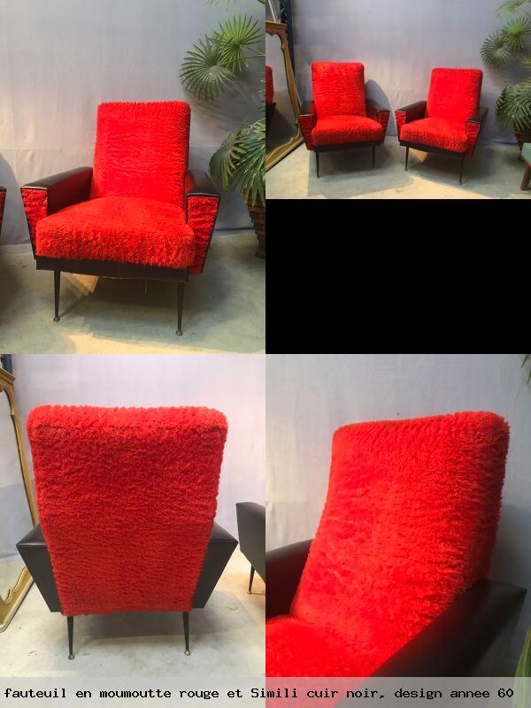 Paire de fauteuil en moumoutte rouge et simili cuir noir design annee 60