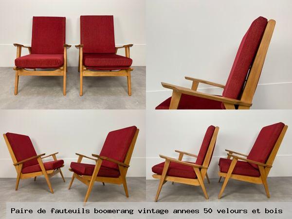 Paire de fauteuils boomerang vintage annees 50 velours et bois