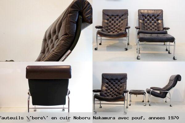Paire de fauteuils bore en cuir noboru nakamura avec pouf annees 1970