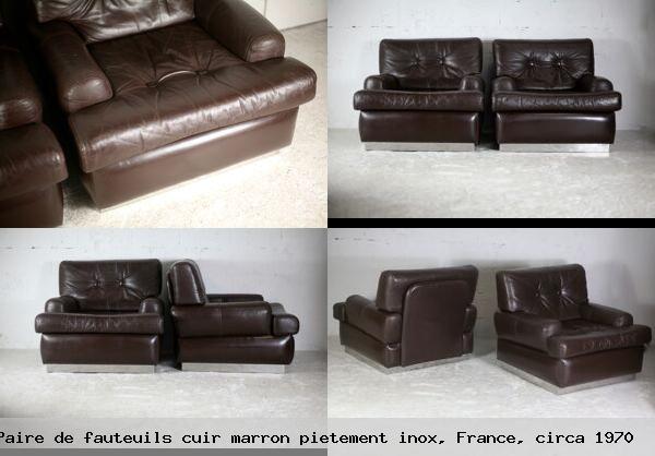 Paire de fauteuils cuir marron pietement inox france circa 1970
