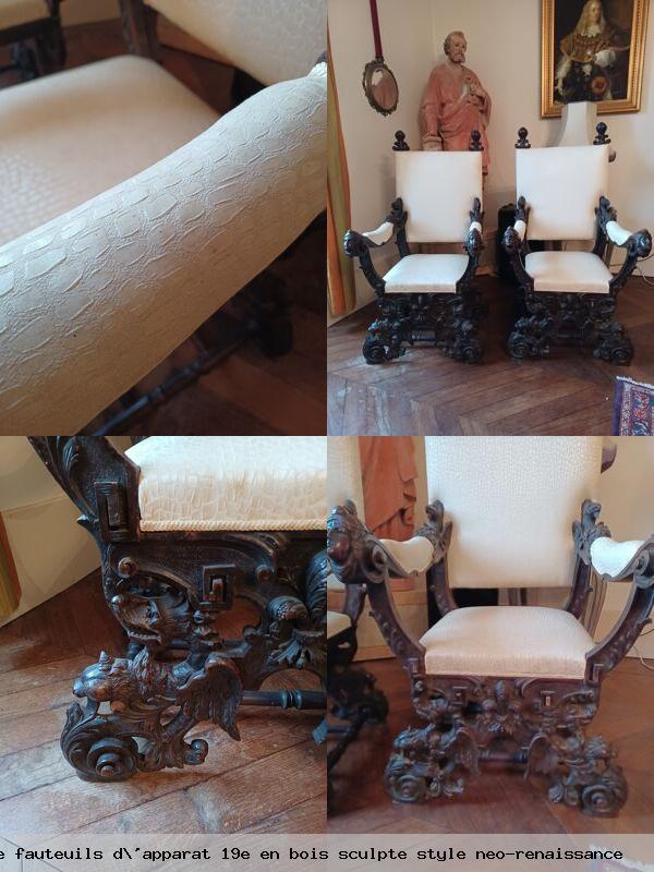 Paire de fauteuils d apparat 19e en bois sculpte style neo renaissance