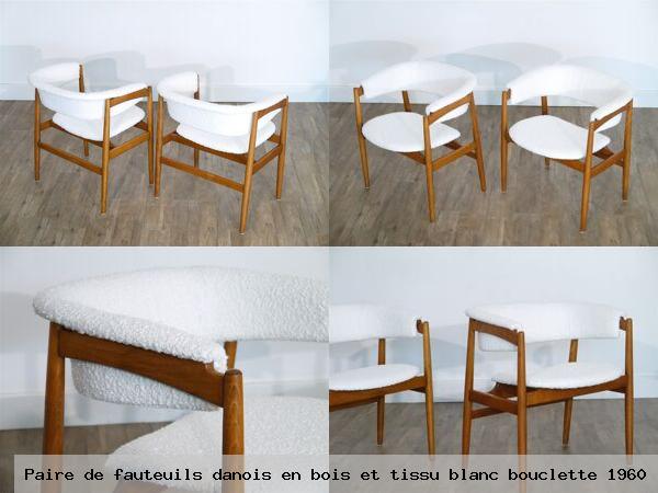 Paire de fauteuils danois en bois et tissu blanc bouclette 1960