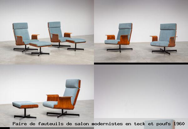 Paire fauteuils salon modernistes en teck et poufs 1960