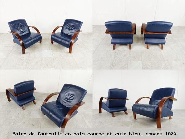 Paire de fauteuils en bois courbe et cuir bleu annees 1970