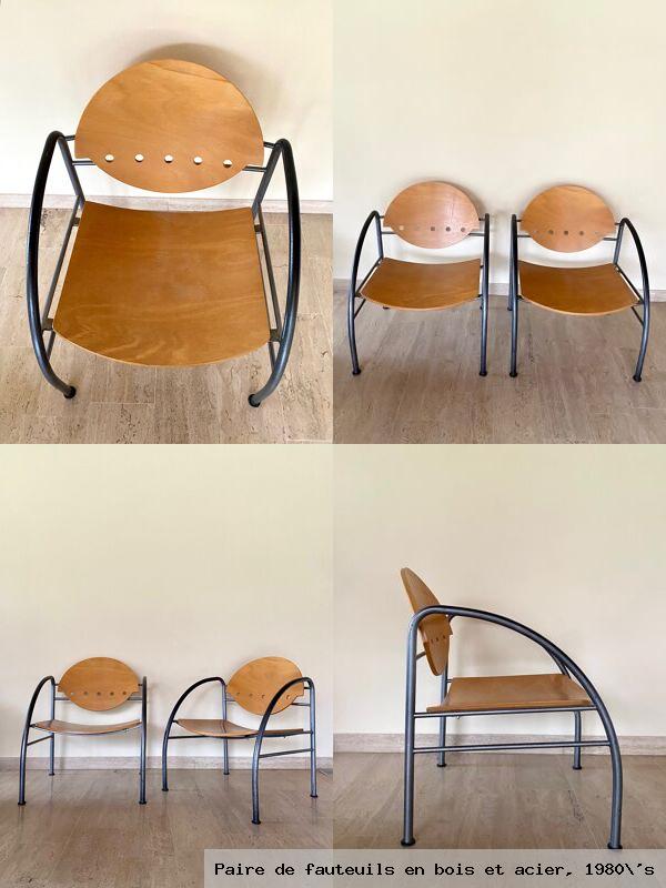 Paire de fauteuils en bois et acier 1980 s