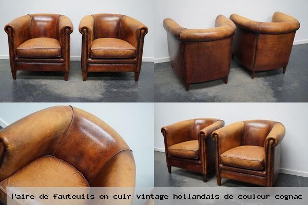 Paire fauteuils en cuir vintage hollandais couleur cognac