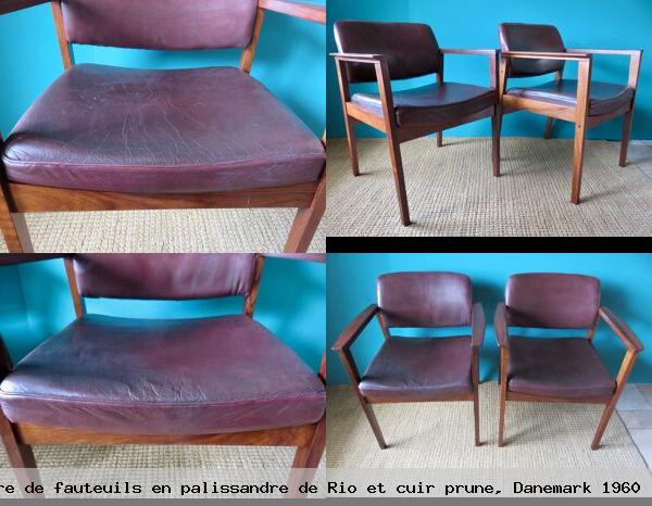 Paire fauteuils en palissandre rio et cuir prune danemark 1960