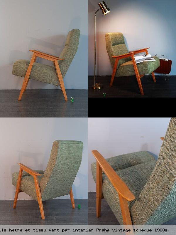 Paire de fauteuils hetre et tissu vert par interier praha vintage tcheque 1960s