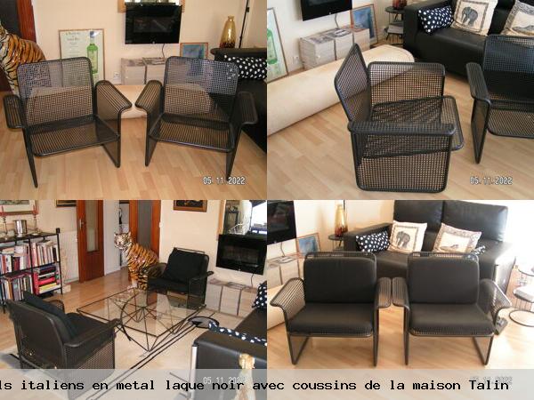 Paire fauteuils italiens en metal laque noir avec coussins la maison talin