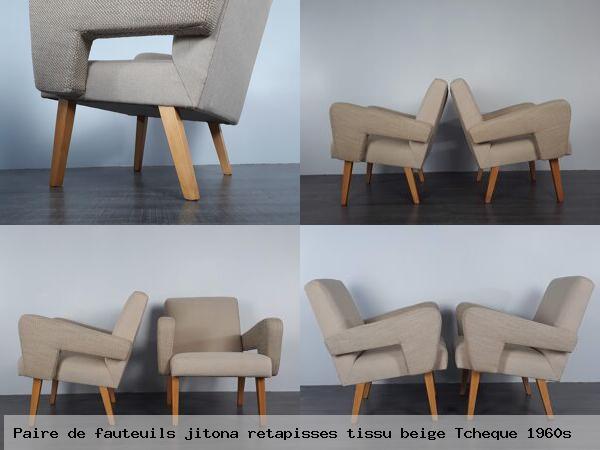 Paire de fauteuils jitona retapisses tissu beige tcheque 1960s