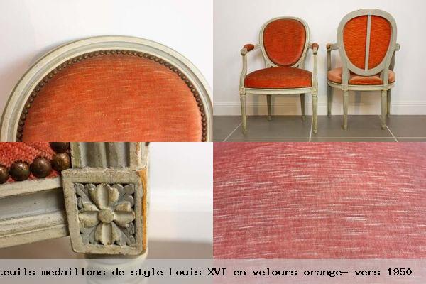 Paire fauteuils medaillons style louis xvi en velours orange vers 1950