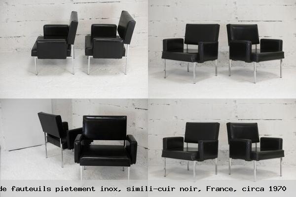 Paire de fauteuils pietement inox simili cuir noir france circa 1970