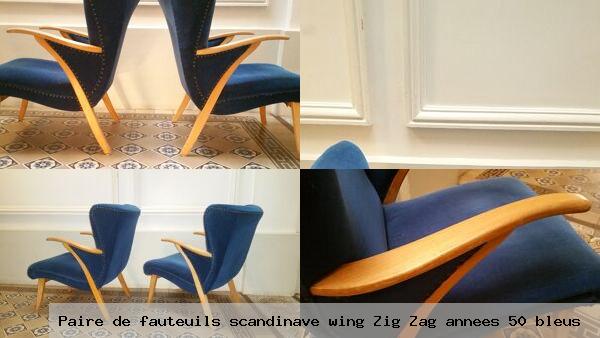 Paire de fauteuils scandinave wing zig zag annees 50 bleus