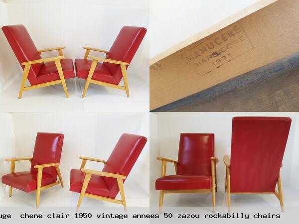 Paire de fauteuils skai rouge chene clair 1950 vintage annees 50 zazou rockabilly chairs