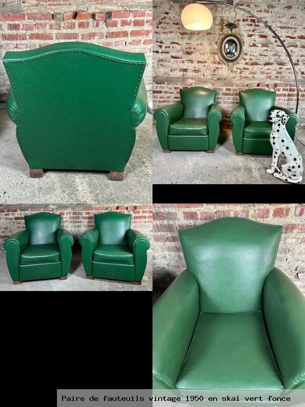 Paire de fauteuils vintage 1950 en skai vert fonce