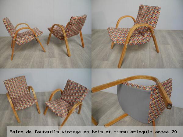 Paire de fauteuils vintage en bois et tissu arlequin annee 70