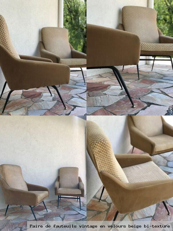 Paire de fauteuils vintage en velours beige bi texture