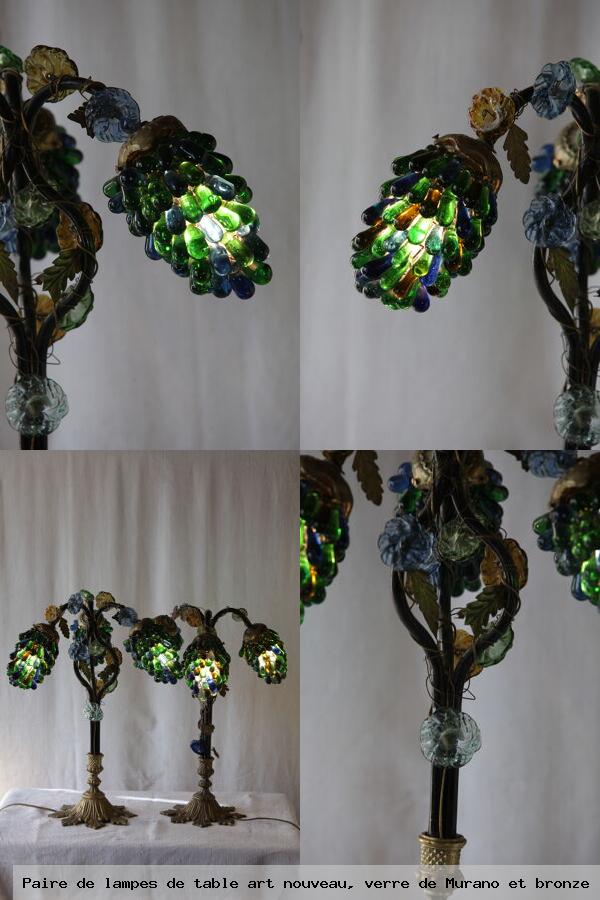 Paire lampes table art nouveau verre murano et bronze