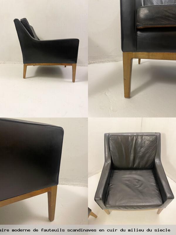 Paire moderne de fauteuils scandinaves en cuir milieu siecle