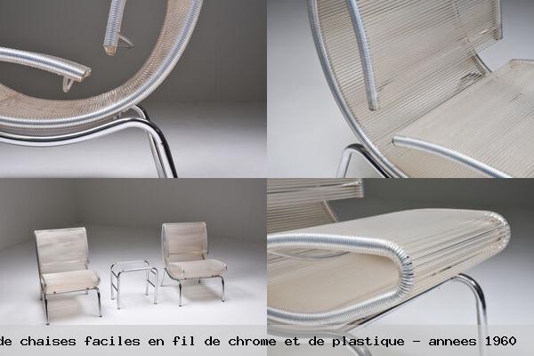 Paire post moderne chaises faciles en fil chrome et plastique annees 1960
