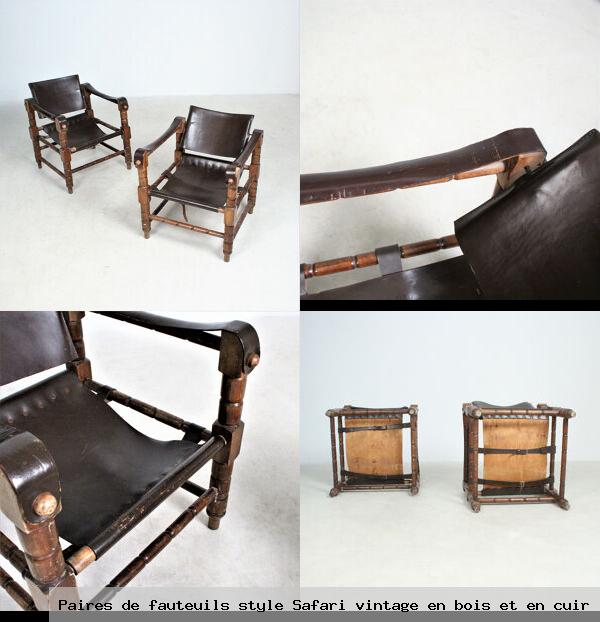 Paires de fauteuils style safari vintage bois et cuir