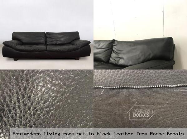 Postmodern living room set in black leather from roche bobois