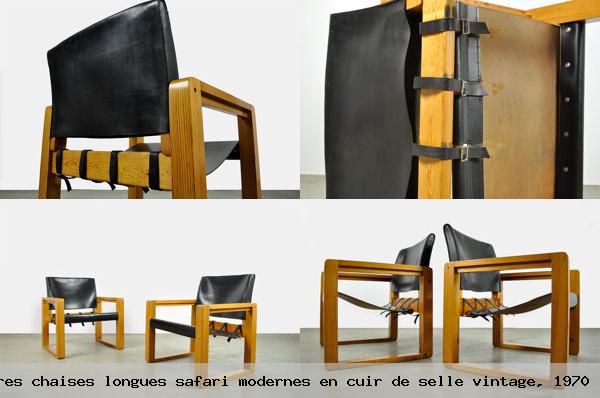 Rares chaises longues safari modernes en cuir de selle vintage 1970