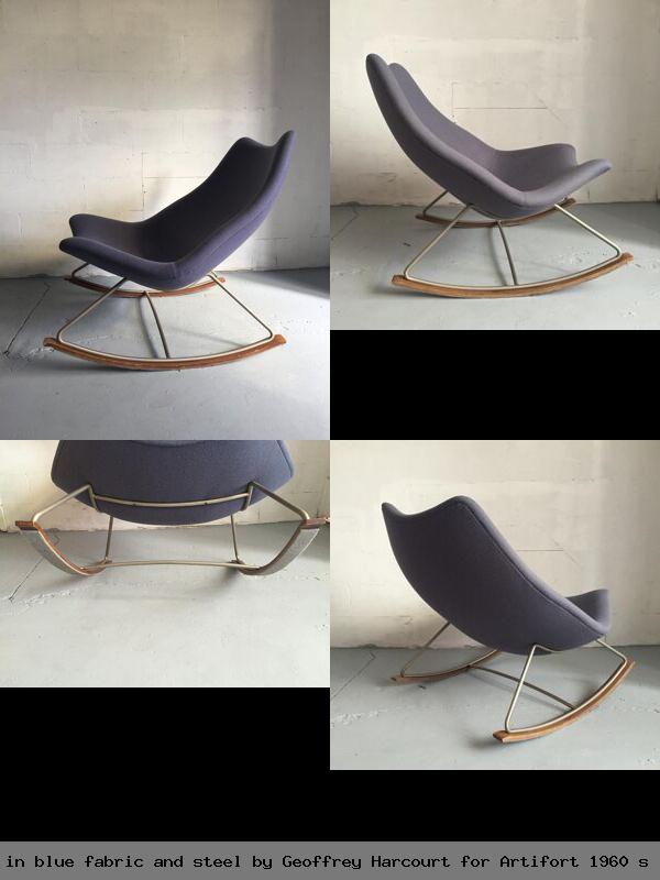 Rocking chair f595 in blue fabric and steel by geoffrey harcourt for artifort 1960 s