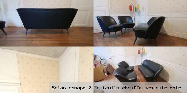 Salon canape 2 fauteuils chauffeuses cuir noir