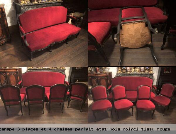 Salon napoleon iii 19 eme canape 3 places et 4 chaises parfait etat bois noirci tissu rouge
