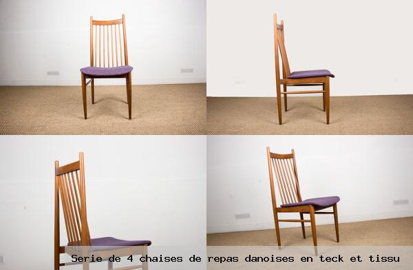 Serie 4 chaises repas danoises en teck et tissu