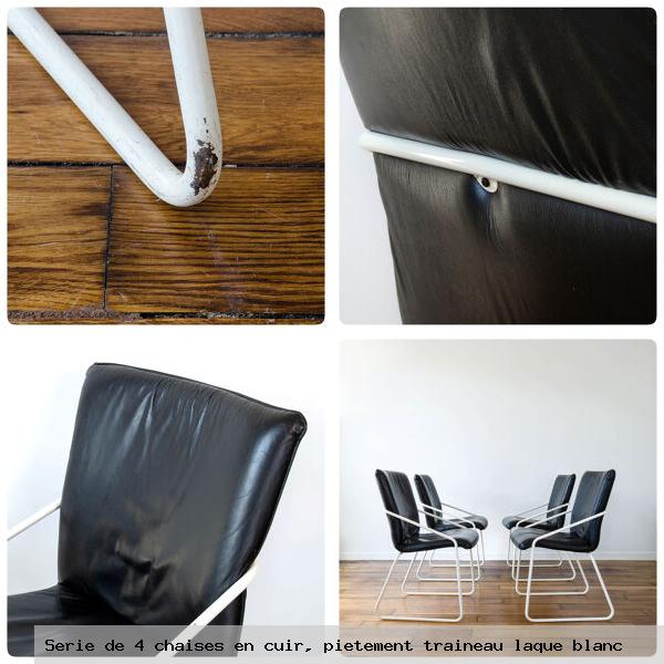 Serie de 4 chaises en cuir pietement traineau laque blanc