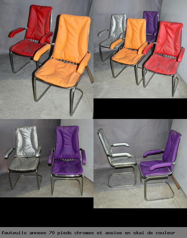 Serie 4 fauteuils annees 70 pieds chromes et assise en skai couleur