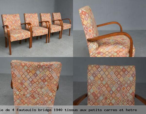 Serie de 4 fauteuils bridge 1940 tissus aux petits carres et hetre