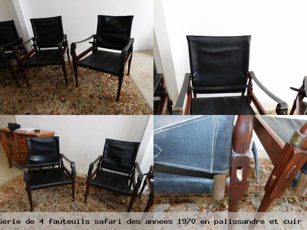 Serie de 4 fauteuils safari des annees 1970 en palissandre et cuir