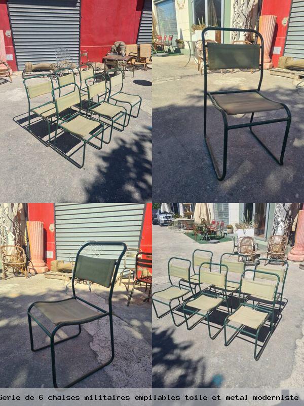 Serie de 6 chaises militaires empilables toile et metal moderniste
