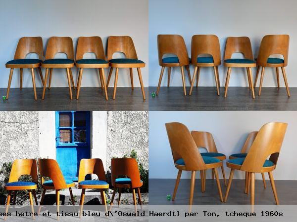 Set 4 chaises hetre et tissu bleu d oswald haerdtl par ton tcheque 1960s