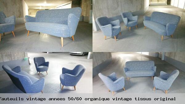 Set canape et 2 fauteuils annees 50 60 organique tissus original