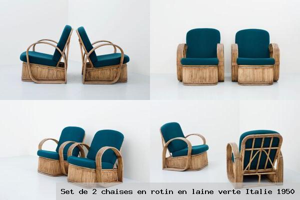 Set de 2 chaises rotin laine verte italie 1950