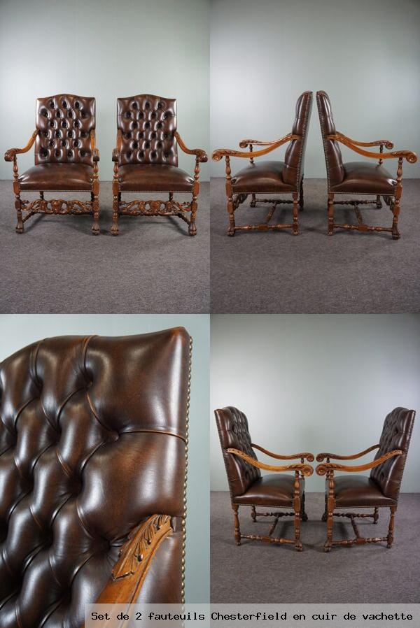 Set 2 fauteuils chesterfield en cuir vachette