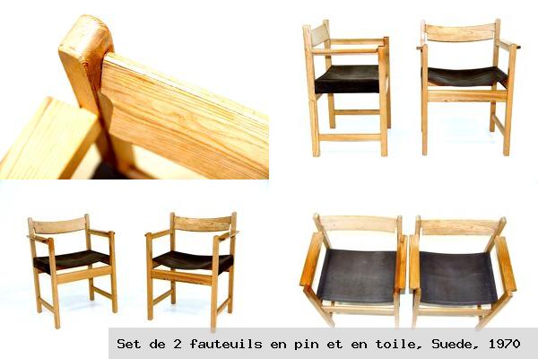 Set de 2 fauteuils pin et toile suede 1970