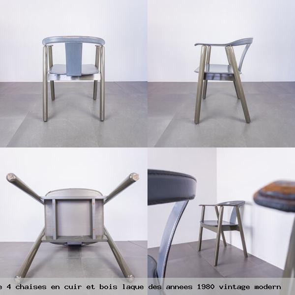 Set de 4 chaises en cuir et bois laque des annees 1980 vintage modern