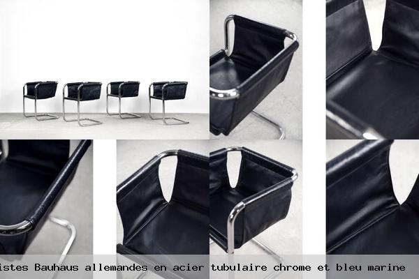 Set de 4 chaisesvintage minimalistes bauhaus allemandes en acier tubulaire chrome et bleu marine