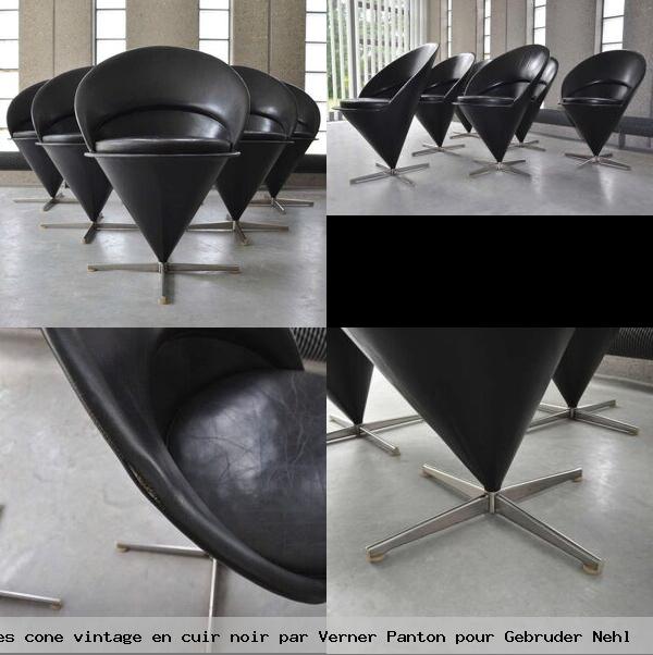 Set de 6 chaises cone vintage en cuir noir par verner panton pour gebruder nehl