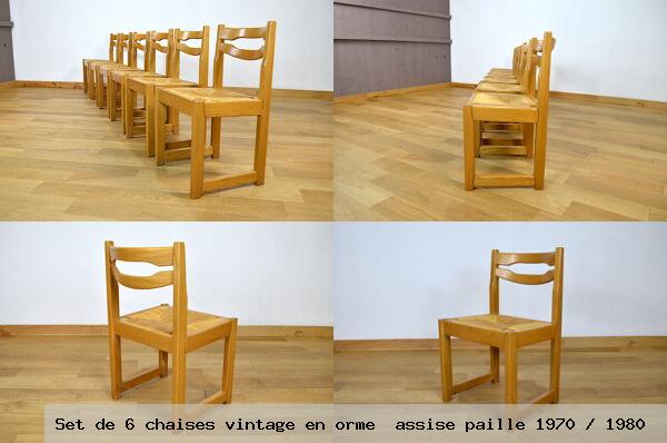 Set de 6 chaises vintage en orme assise paille 1970 1980