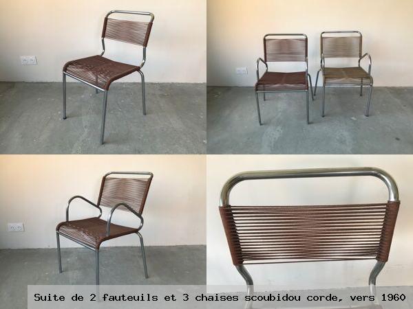 Suite de 2 fauteuils et 3 chaises scoubidou corde vers 1960
