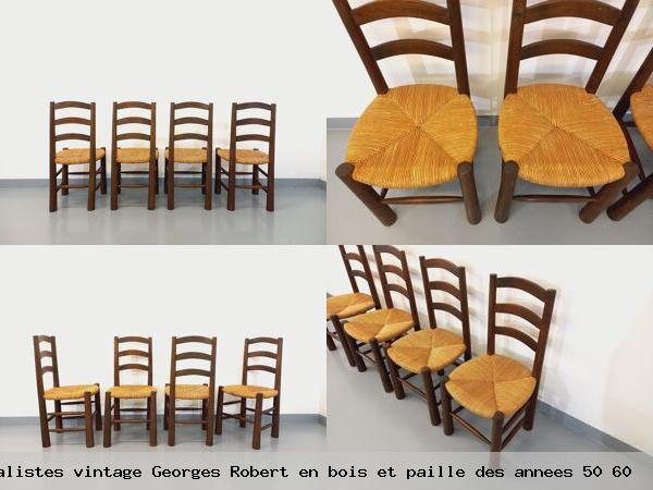 Suite de 4 chaises brutalistes vintage georges robert en bois et paille des annees 50 60