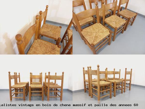 Suite 6 chaises brutalistes vintage en bois chene massif et paille des annees 60