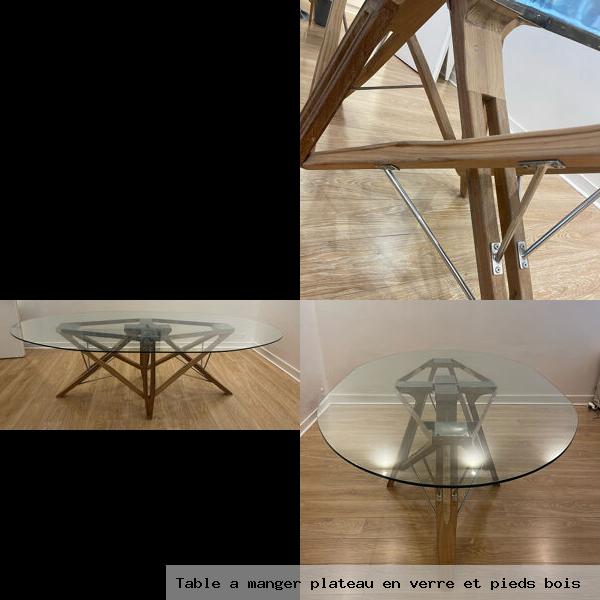 Table a manger plateau en verre et pieds bois